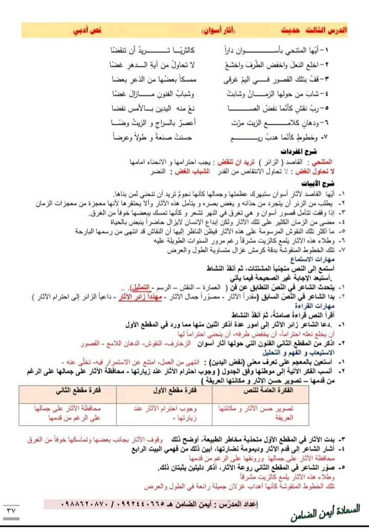 بالصور شرح و اعراب و حل اسئلة درس قصيدة اثار اسوان للصف السابع