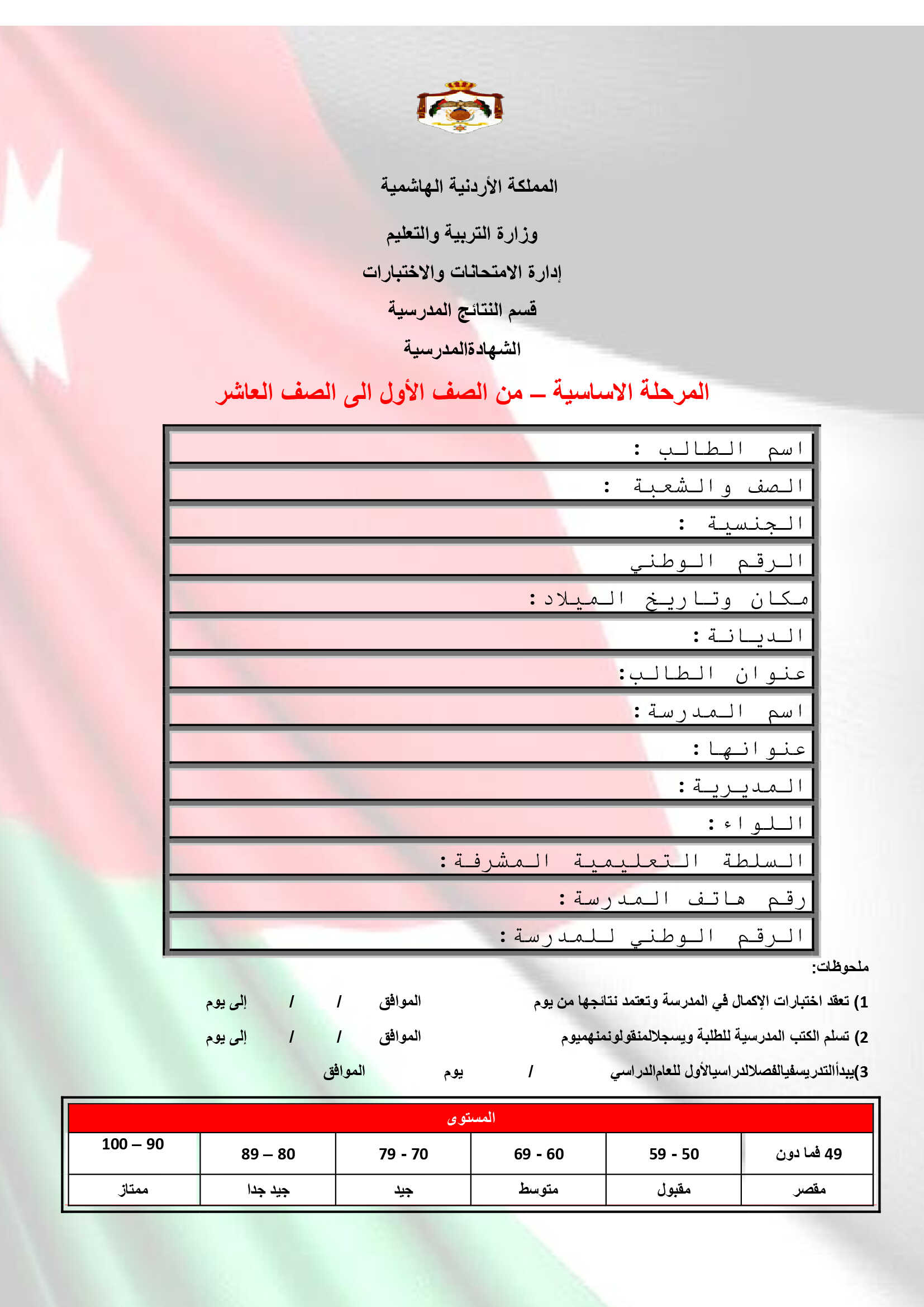 نموذج الشهادة المدرسية الجديدة للمرحلة الاساسية من الصف الاول الى الصف العاشر 2019