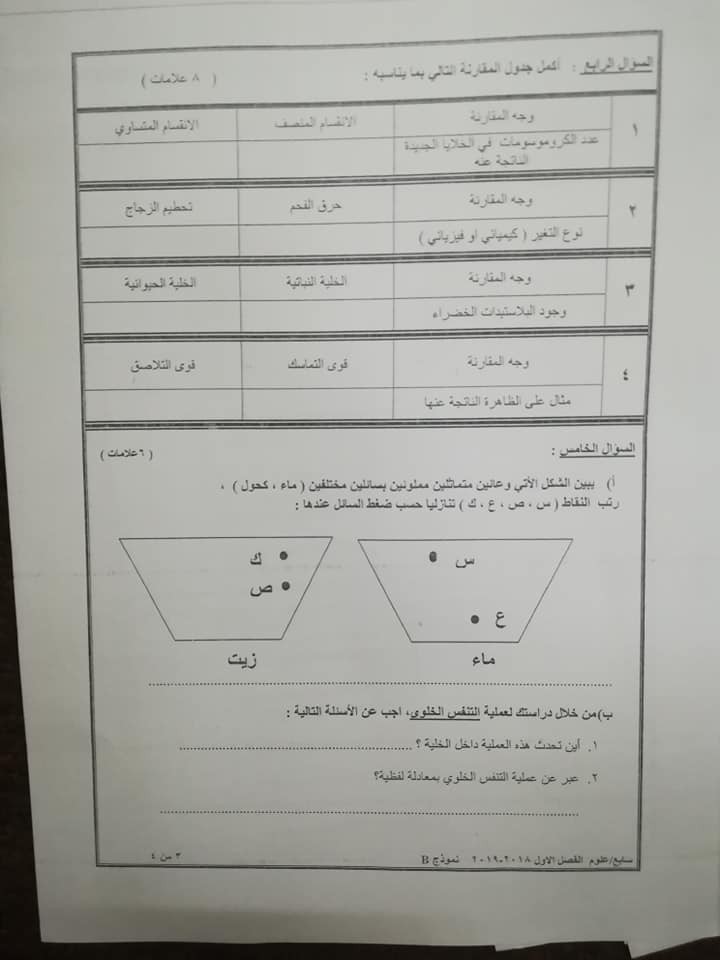 نموذج B وكالة اختبار العلوم النهائي للصف السابع الفصل الاول 2018