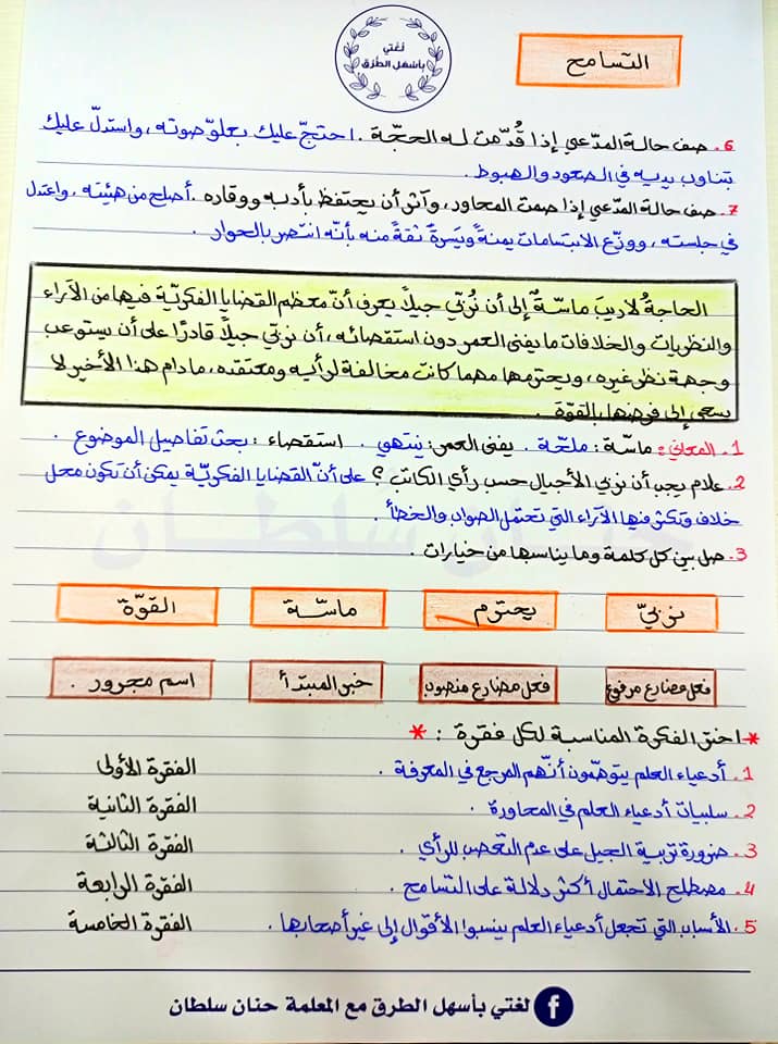 بالصور شرح وحدة التسامح مادة اللغة العربية للصف العاشر الفصل الاول 2021