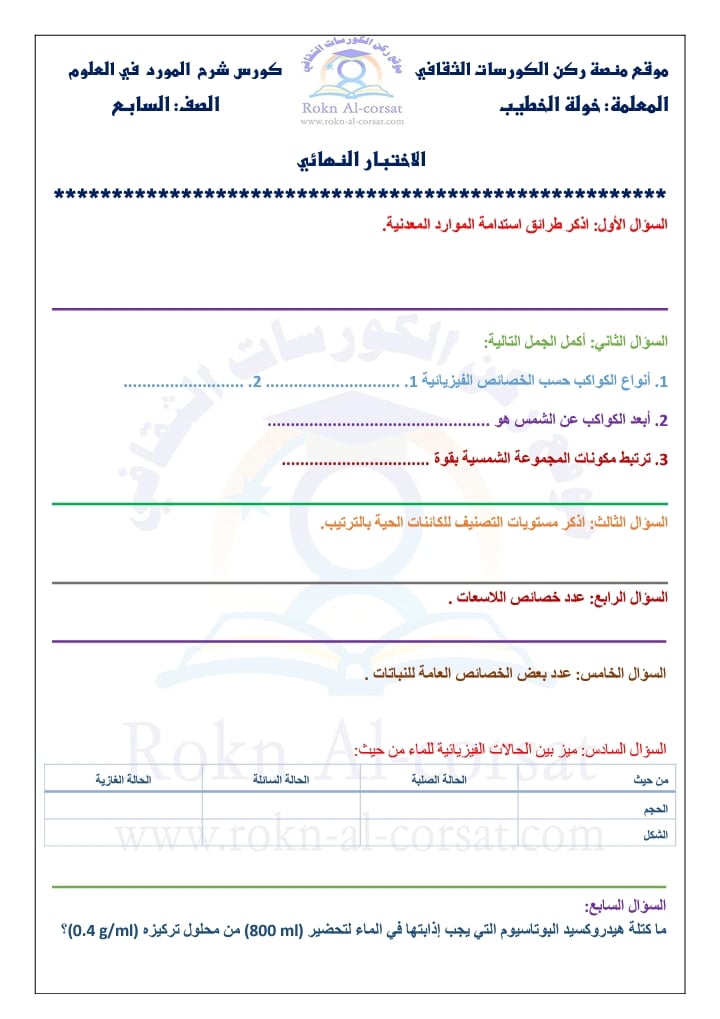 بالصور اختبار نهائي مادة العلوم للصف السابع الفصل الاول 2021 مع الاجابات