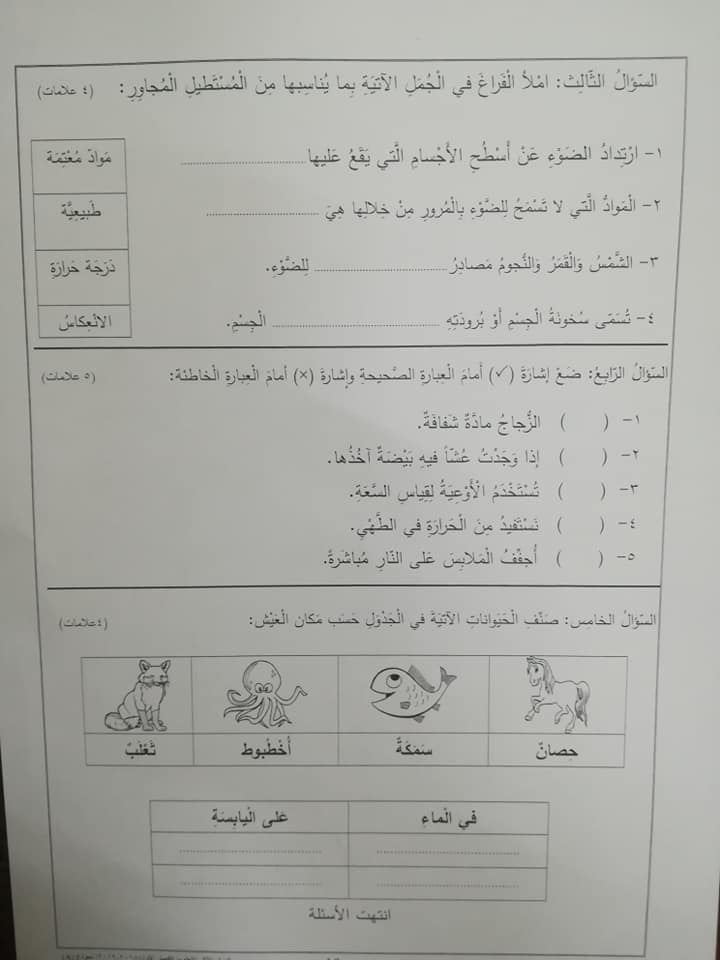 نموذج A وكالة امتحان العلوم النهائي للصف الثاني الفصل الاول 2018