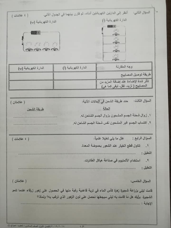 بالصور نموذج A وكالة امتحان العلوم النهائي للصف السادس الفصل الاول 2018