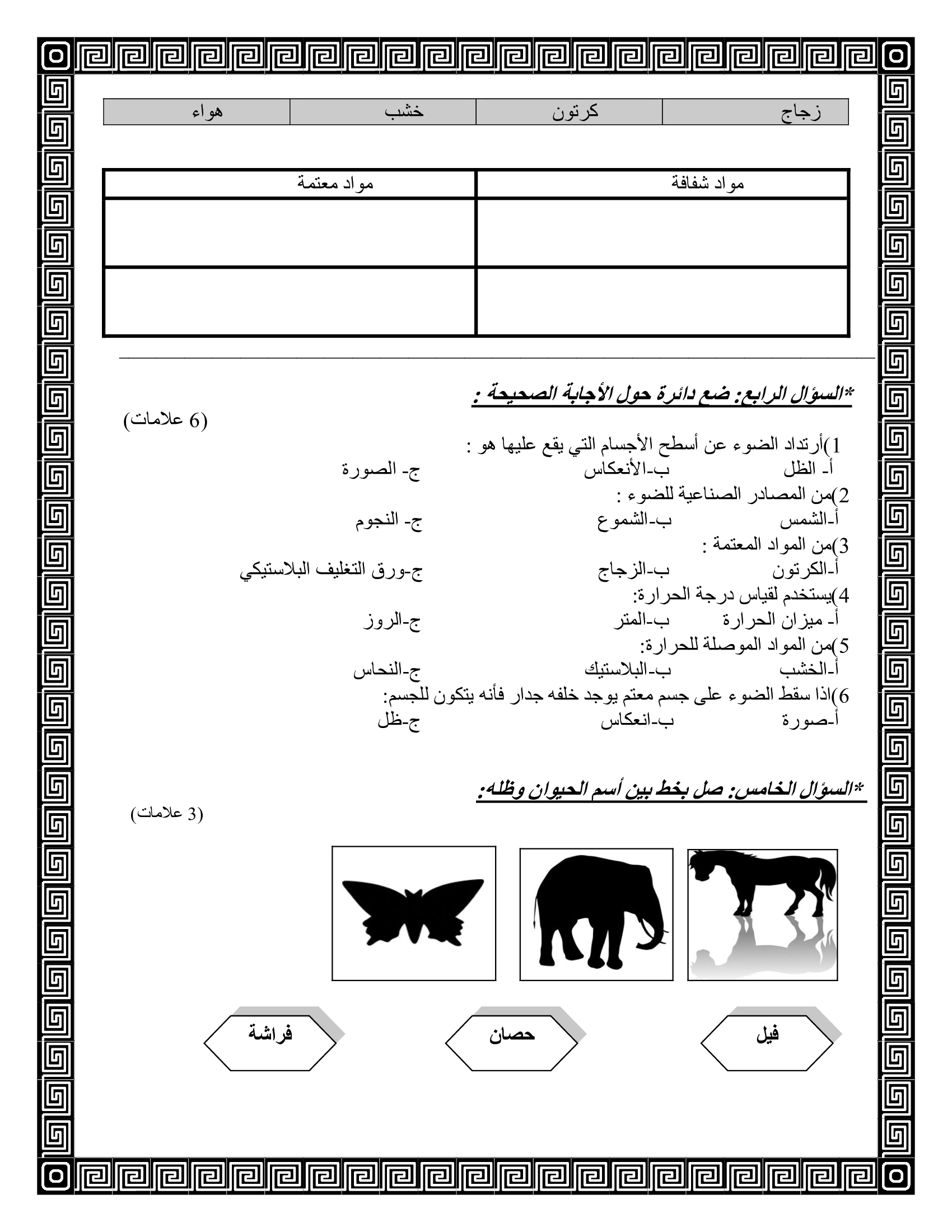 امتحان نهائي مادة العلوم العامة للصف الثاني الفصل الاول 2017