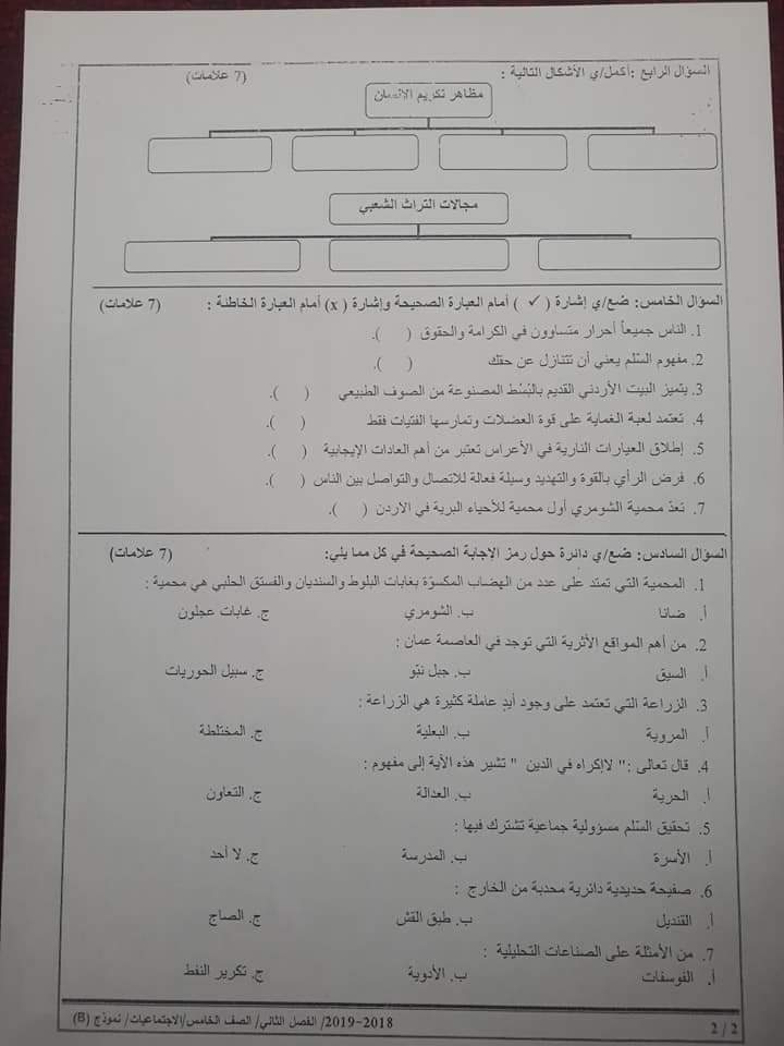 الاختبار النهائي لمادة الاجتماعيات نموذج B وكالة للصف الخامس الفصل الثاني 2019