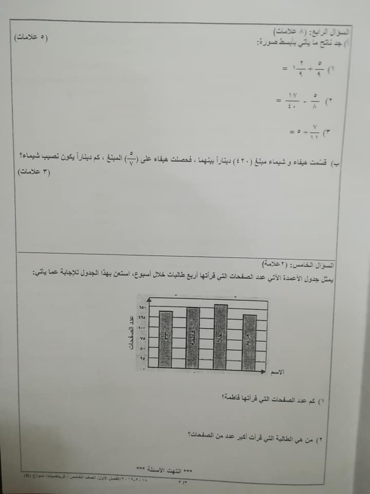 بالصور نموذج B وكالة اختبار الرياضيات النهائي للصف الخامس الفصل الاول 2018