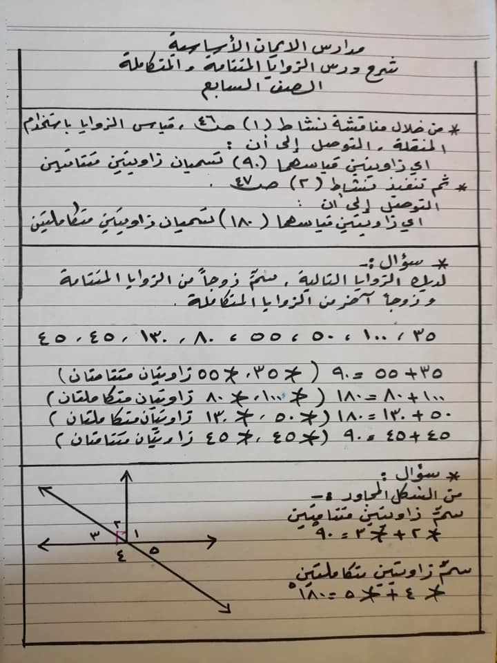 بالصور شرح درس الزوايا المتتامة و المتكاملة للصف السابع الفصل الثاني 2020