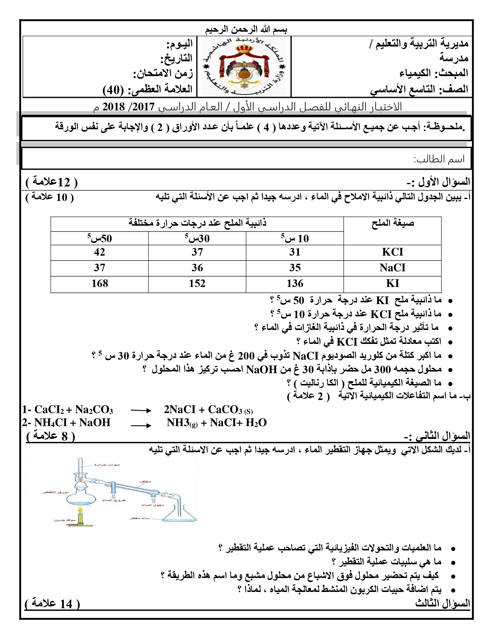 اختبار نهائي لمادة الكيمياء للصف التاسع الفصل الاول 2017