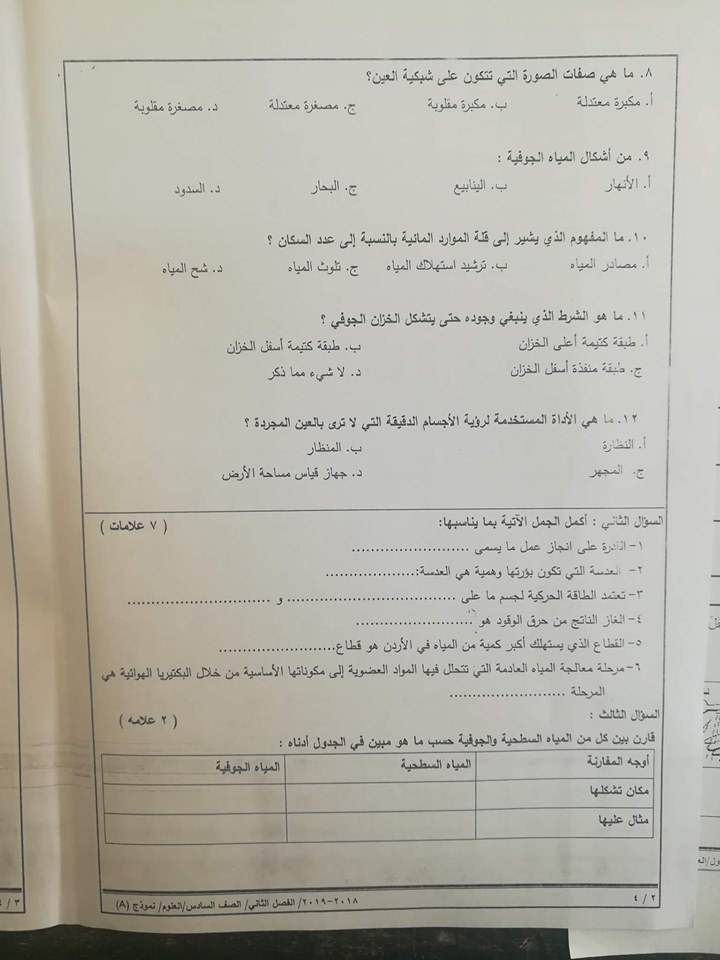 بالصور اختبار مادة العلوم وكالة نموذج A للصف السادس الفصل الثاني 2019