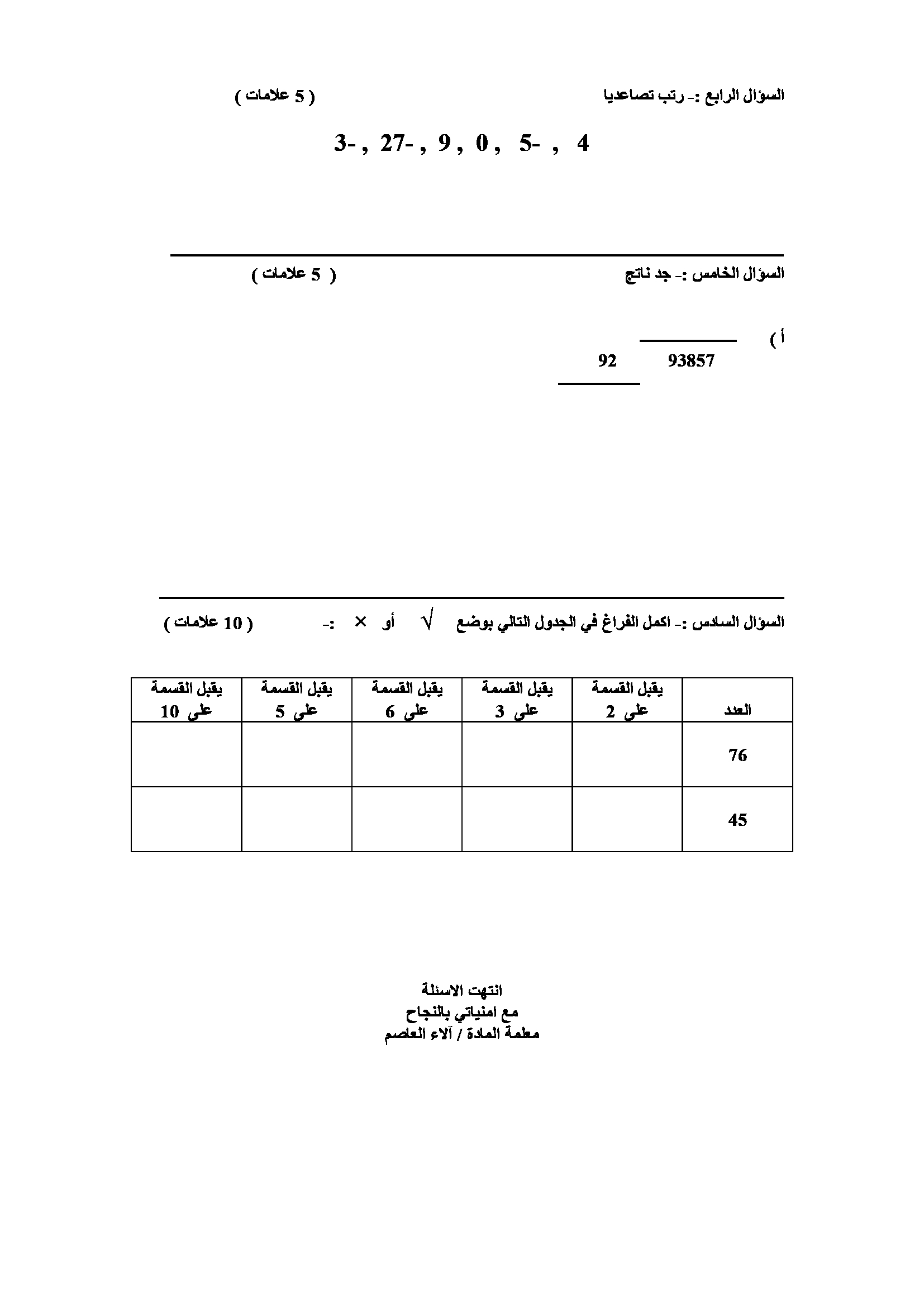 اختبار مادة الرياضيات للصف الخامس نهاية الفصل الاول 2018